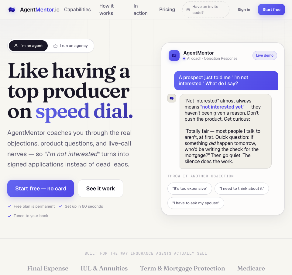 AgentMentor AI coaching platform website